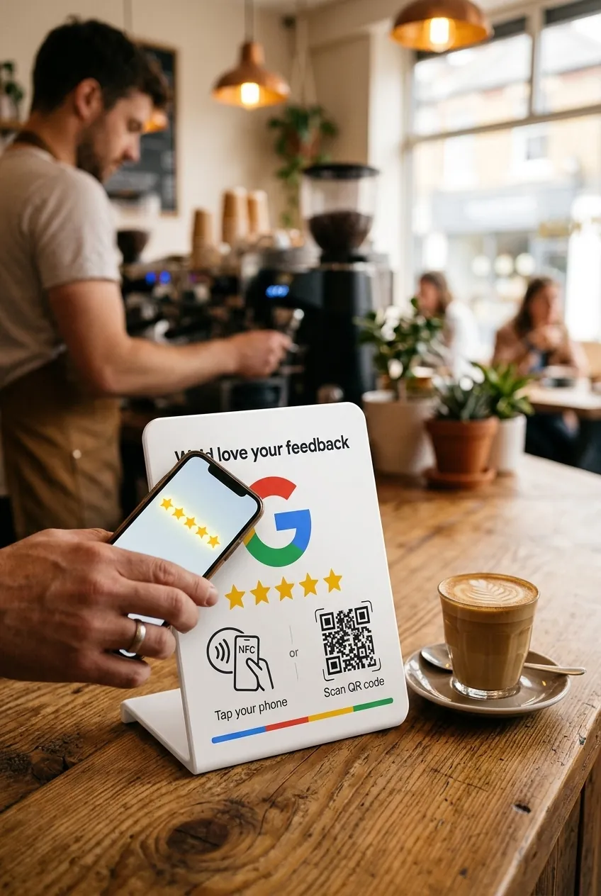 Customer tapping their phone on a Starzelo Google review stand