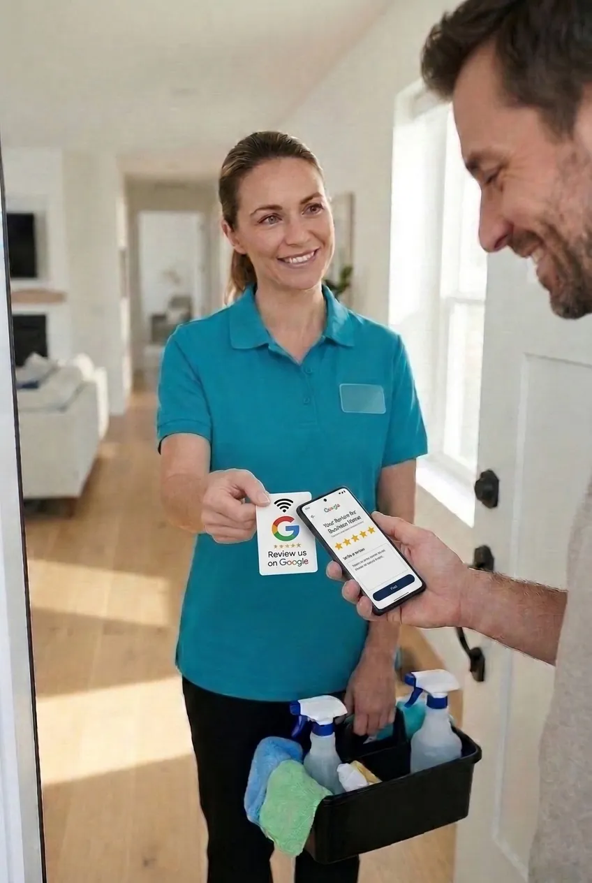House cleaner handing a Google review pocket card to a homeowner at the door